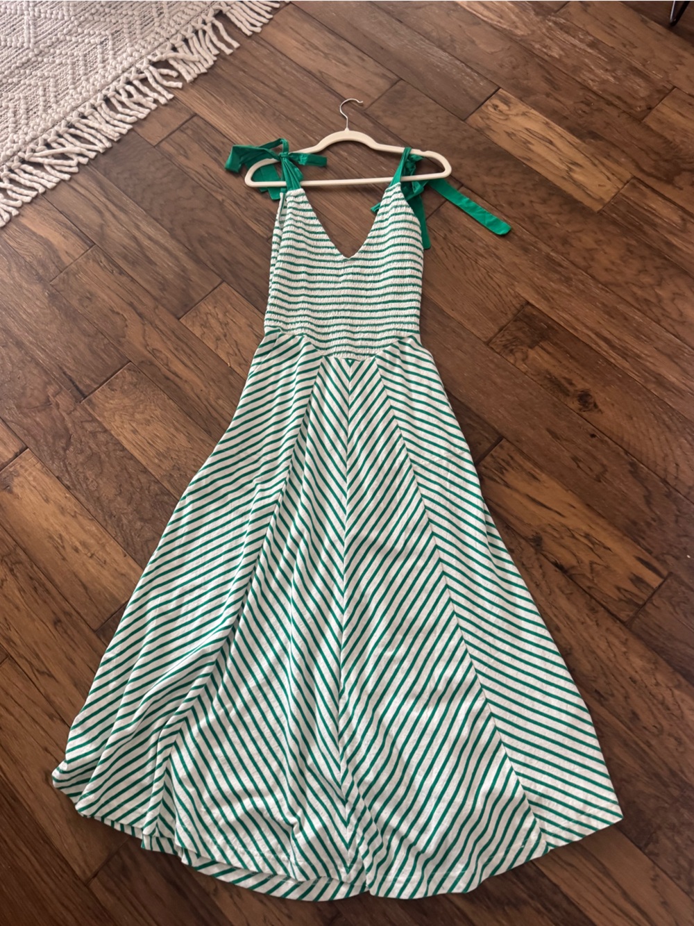 Free People Green and White Striped Tie-Shoulder Midi Dress
